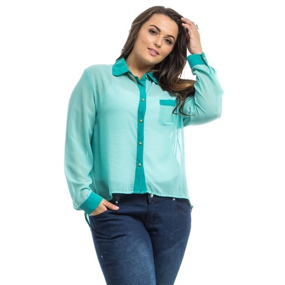 Roman Ladies Sheer Button Shirt Long-Sleeve Color-Block Mint Plus Size 3X  NWT - Picture 1 of 3